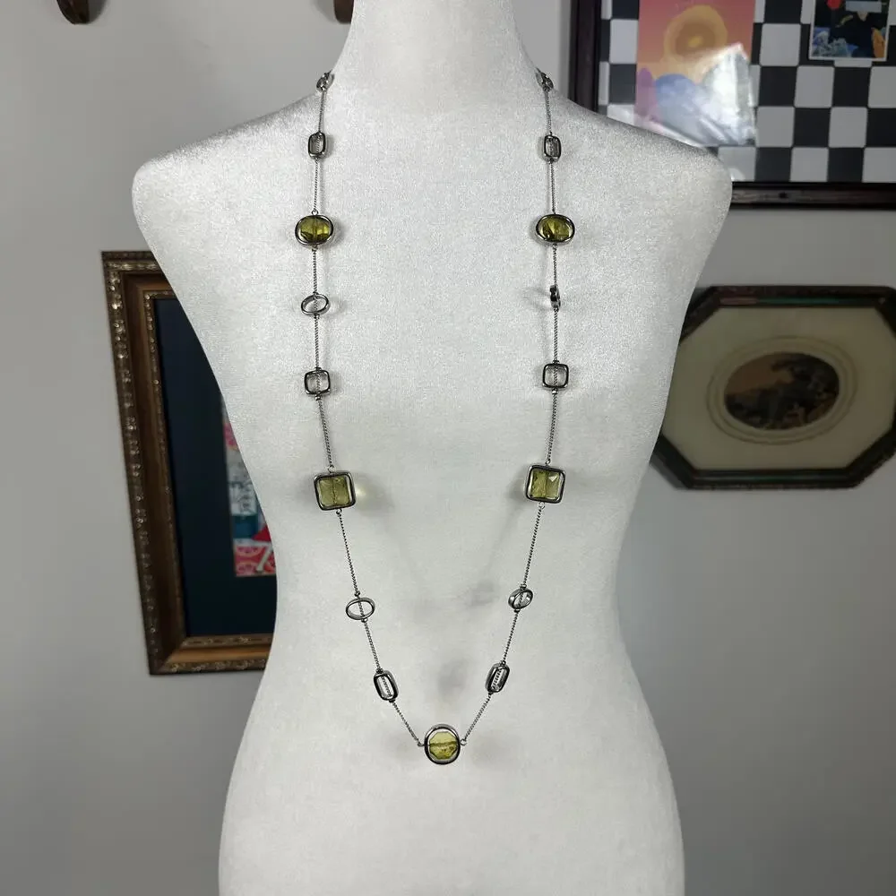 Lia Sophia Silver Tone Retro Style Long Necklace‎ with Yellow Rotating Gems